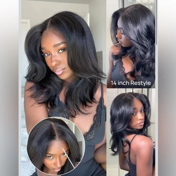 Layered Yaki Straight Bob Drawstring Wig Human Hair 180% Density 7x5 Lace 14” #4 - Picture 5 of 14
